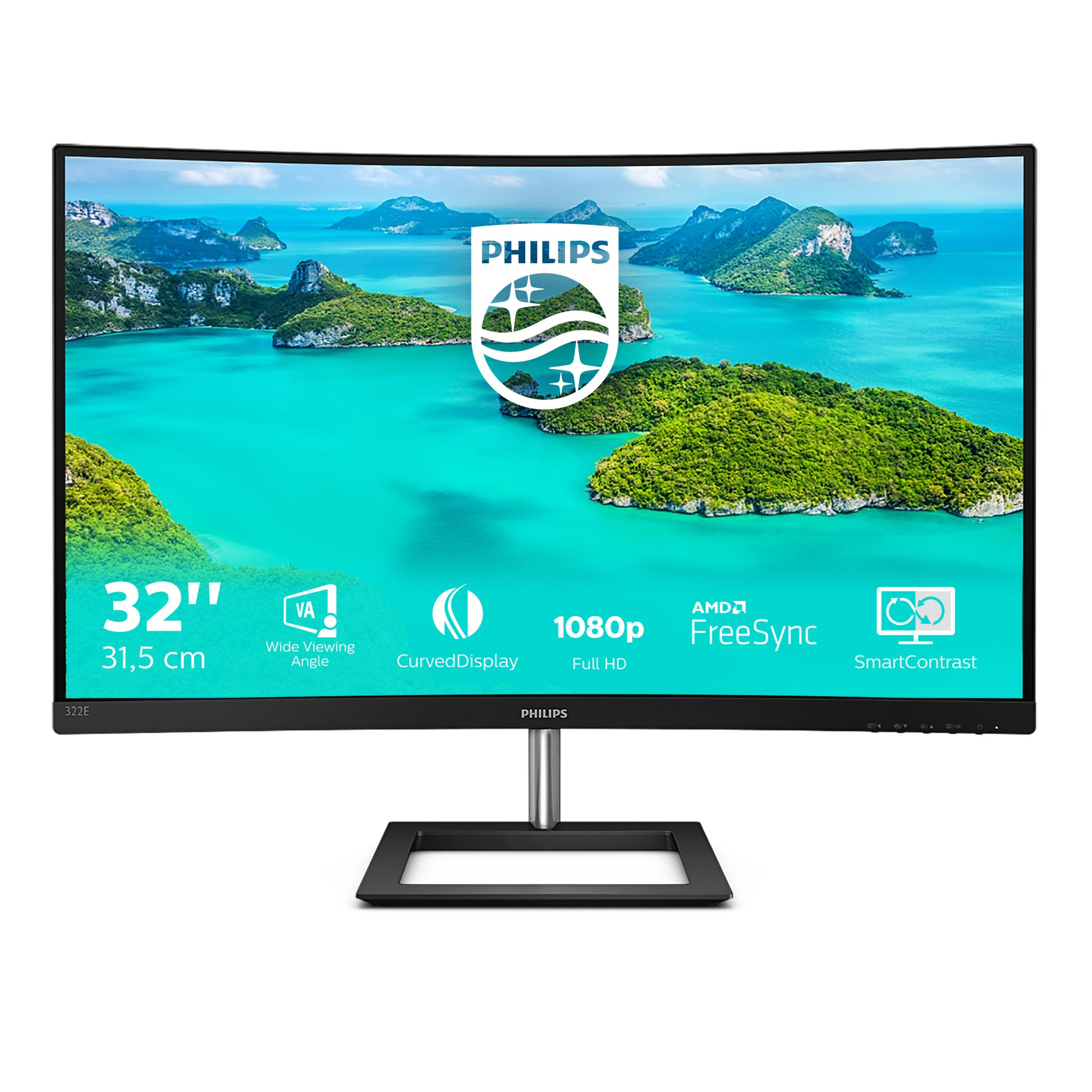 Philips 322E1C – Monitor, 31,5", VA, 75 Hz, 250 cd/m², Gebogen, Adaptive Sync, VESA 100 × 100, Schwarz