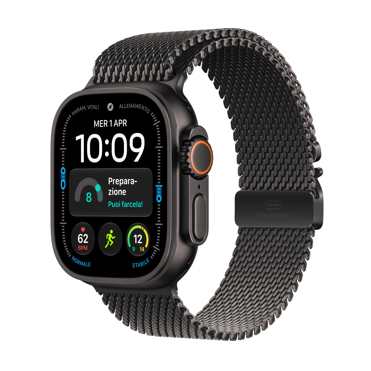 Apple Watch Ultra 4 49 mm GPS + Cellular – Titan Schwarz, Milanese Loop Schwarz, M, 100 m, für iPhone