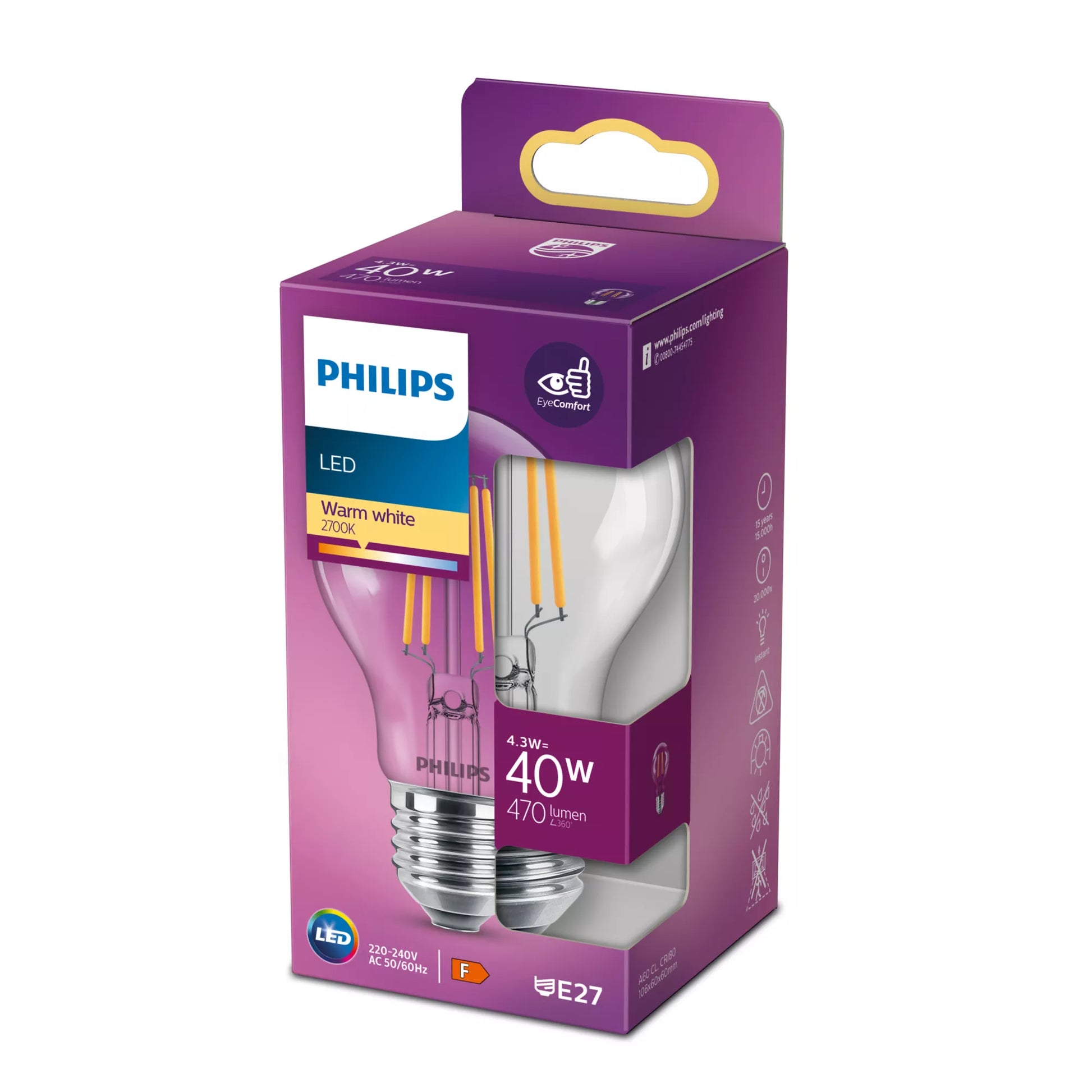 Philips by Signify Philips LED-Leuchtmittel E27 A60 – Warmweiss 2700 K, 470 lm, 4,3 W – 1 Stk. – Transparent, Glas