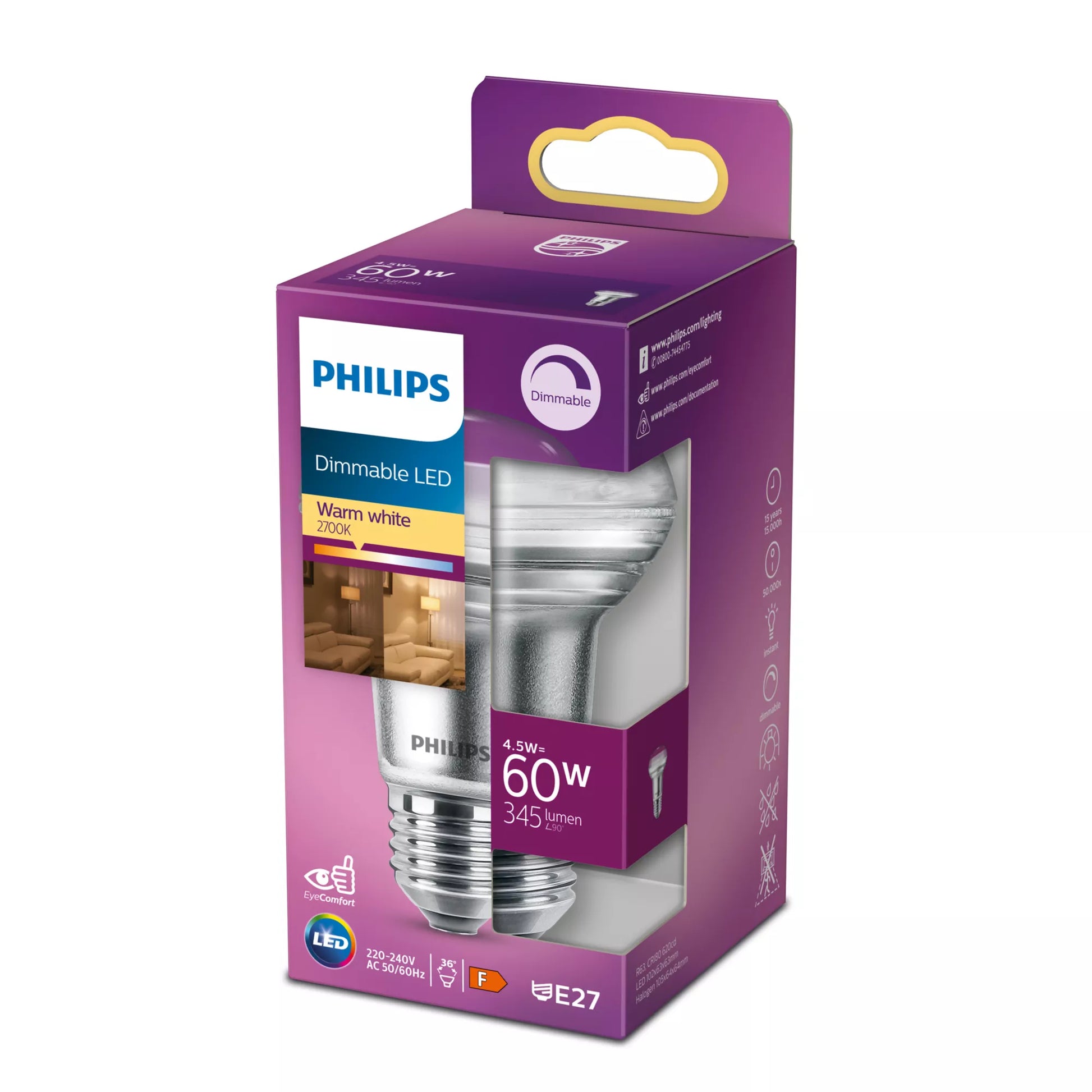 Philips by Signify Philips LED-Leuchtmittel Reflektor R63 E27 – Warmweiss 2700 K, 345 lm, 4,5 W, 36° – 1 Stk. – Klar, Glas