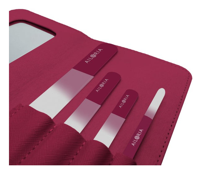 Ailoria Nagelfeilenset CONTOUR PRIME – Glasfeilen, 4 Stk – Kunstlederetui, Magenta