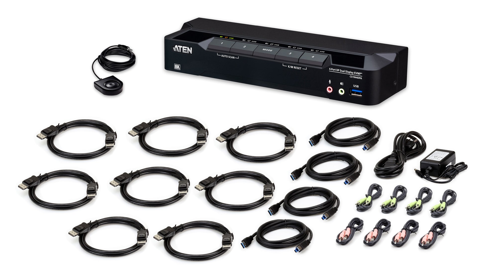 ATEN CS1944DPA – KVM-Switch (Dual-Display) – 4-Port, 8×DP, USB-3.0-Hub 5 Gbit/s, 8K@60, 4K@120, Schwarz