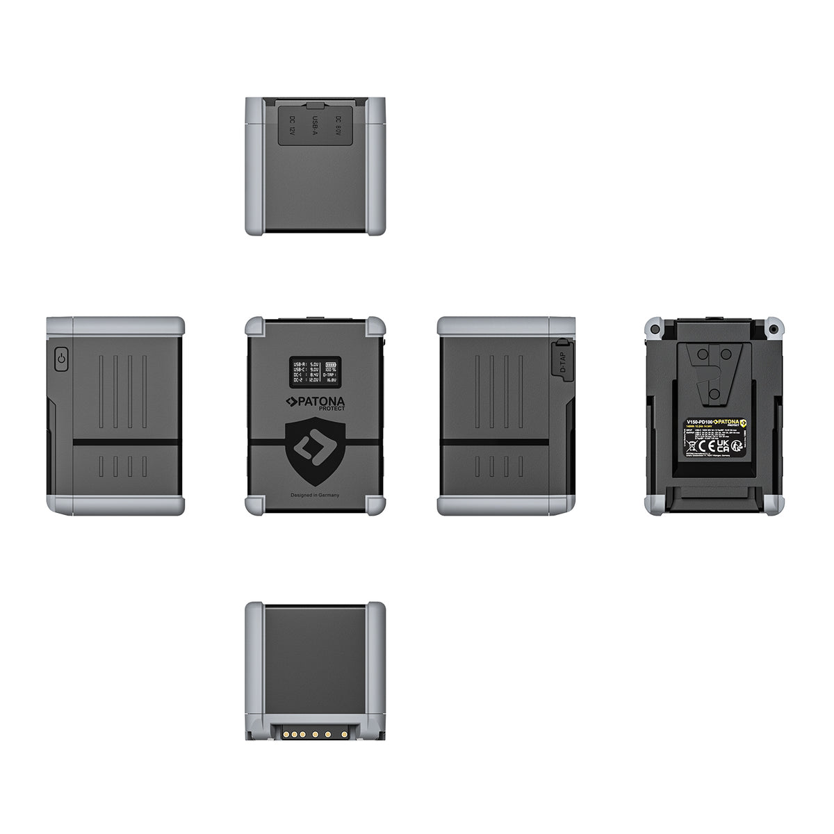 PATONA V150-PD100 V-Mount Akku 148 Wh, 14,54 V, 10200 mAh – USB-C, USB-A, D-Tap, 2× DC-Out – Schwarz