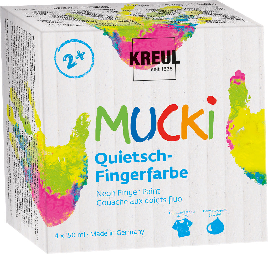 KREUL MUCKI Fingerfarben – Blau, Grün, Pink, Gelb – 4×150 ml (600 ml) – ab 2 Jahren