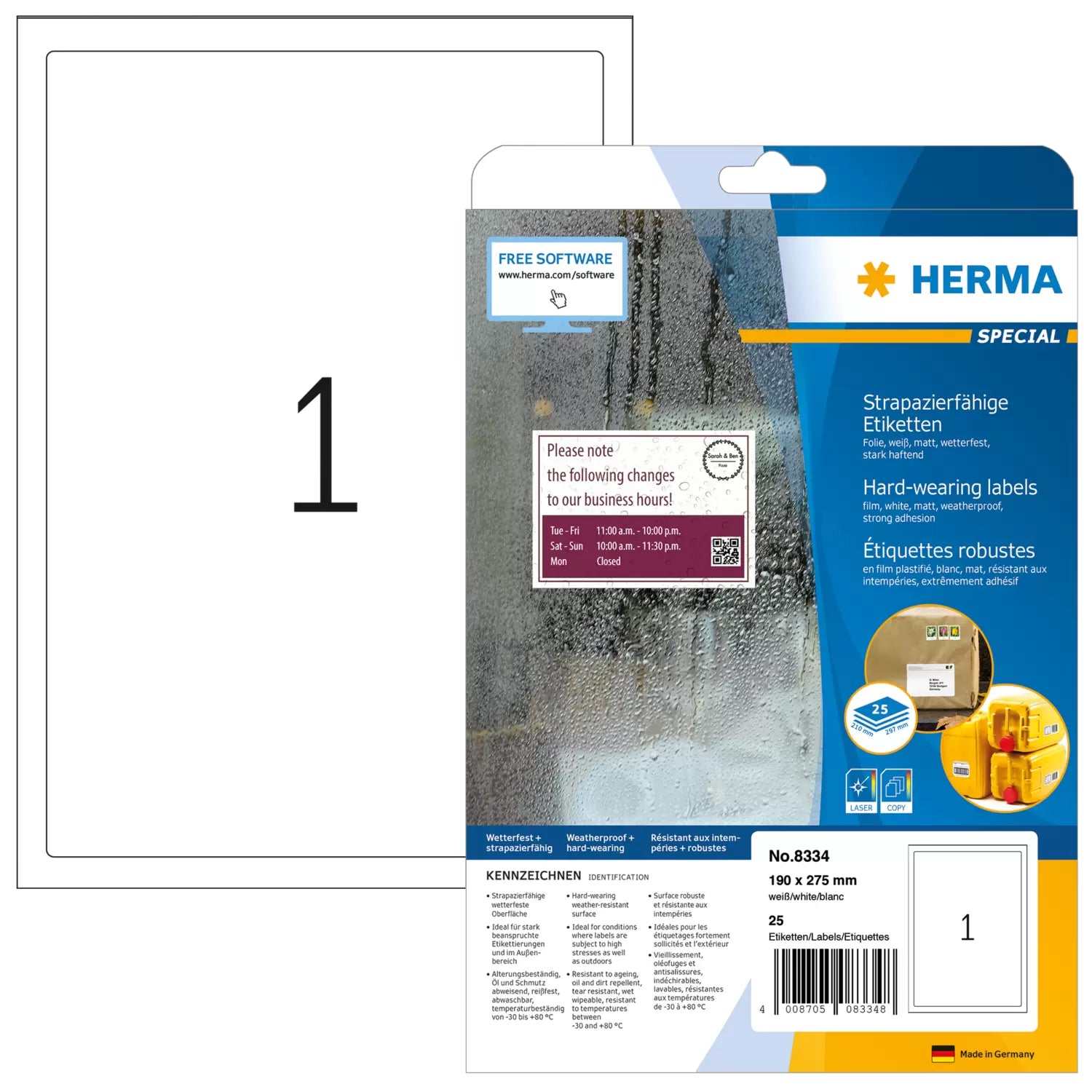 HERMA Etiketten, 190 mm × 275 mm, weiss, Folie, extra stark, 25 Etiketten