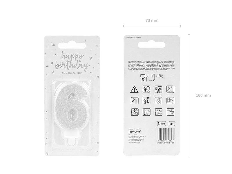 PartyDeco Geburtstagskerzen Zahl 6 – Silber – 7 cm – 1 Stk