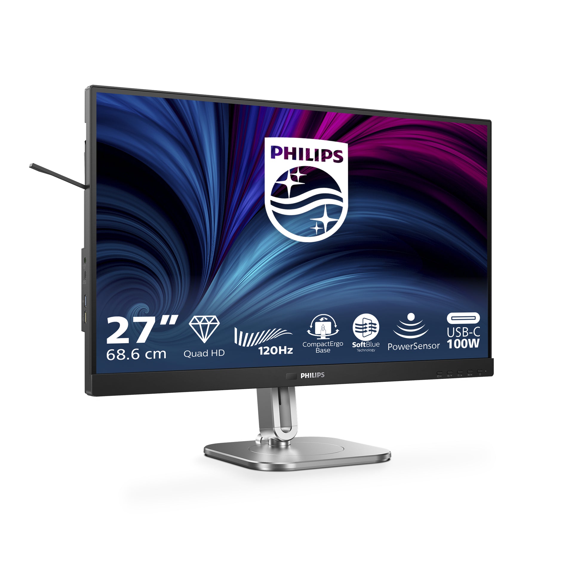 Philips 27B2U4601/00 – Monitor, 27", IPS, 120 Hz, USB-C (PD 100W), Pivot, Lautsprecher, Dunkelgrau