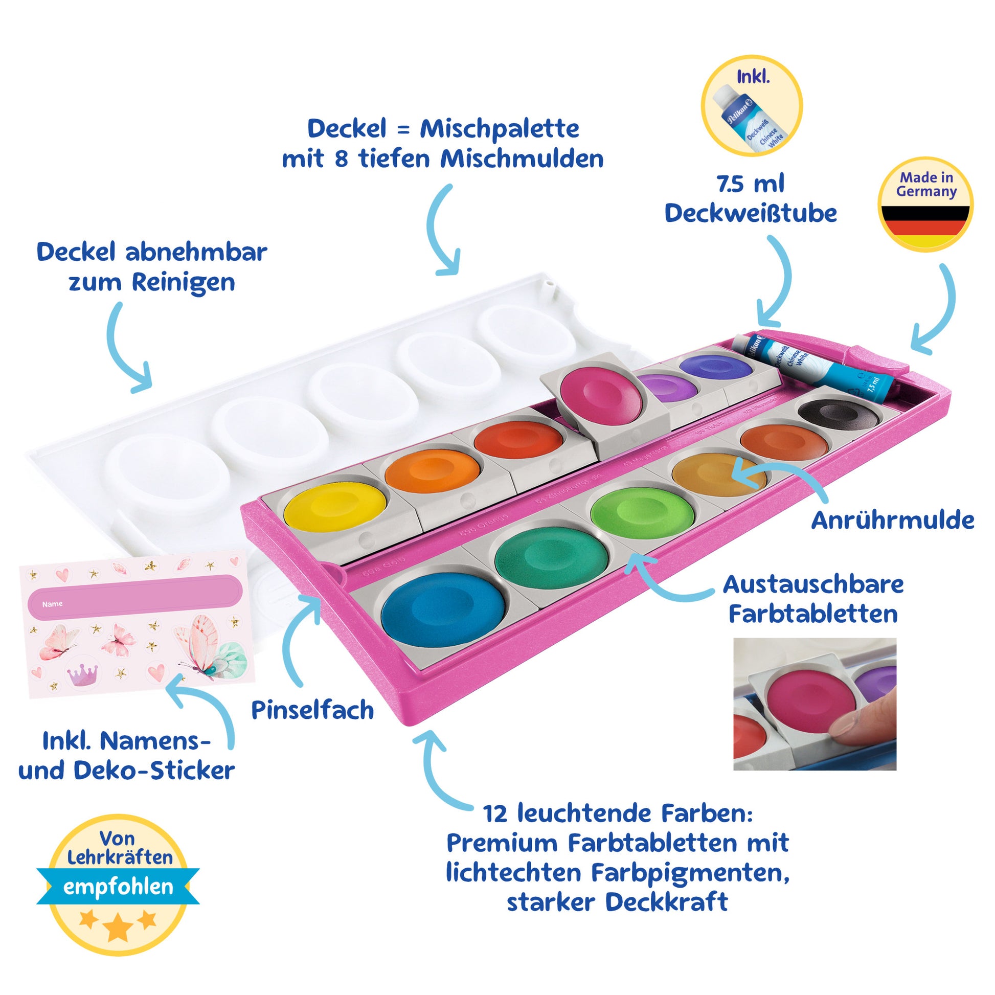 Pelikan K/12 Pink Deckfarbkasten – Glitzer – 12 Farben (inkl. Deckweiss)