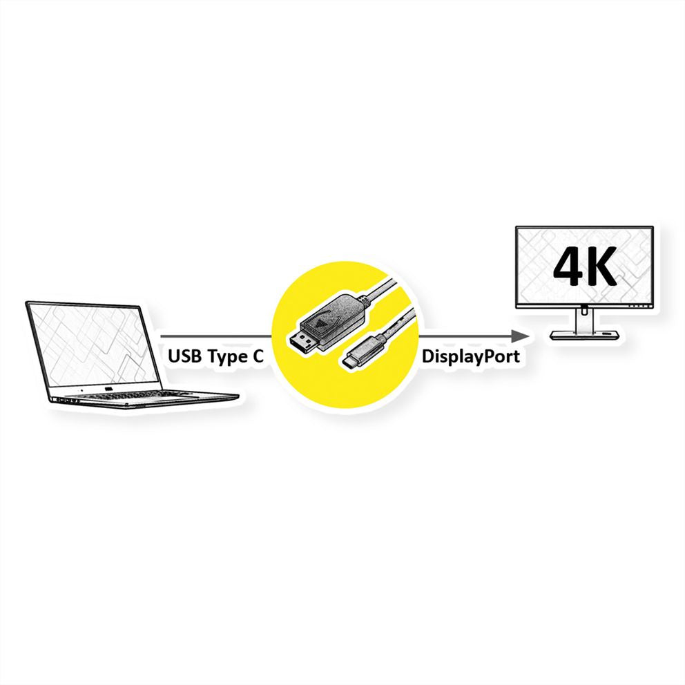 ROLINE USB-C zu DisplayPort Kabel – 4K (3840 × 2160) @ 60 Hz, DisplayPort 1.2, 1 m, für Geräte mit DP Alt Mode