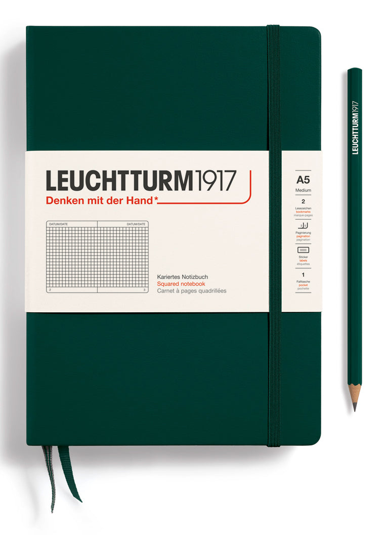 Leuchtturm Notizbuch – A5 – kariert 5 mm – 251 Seiten – 80 g/m² – Hardcover, Gummiband, Tasche – grün – FSC