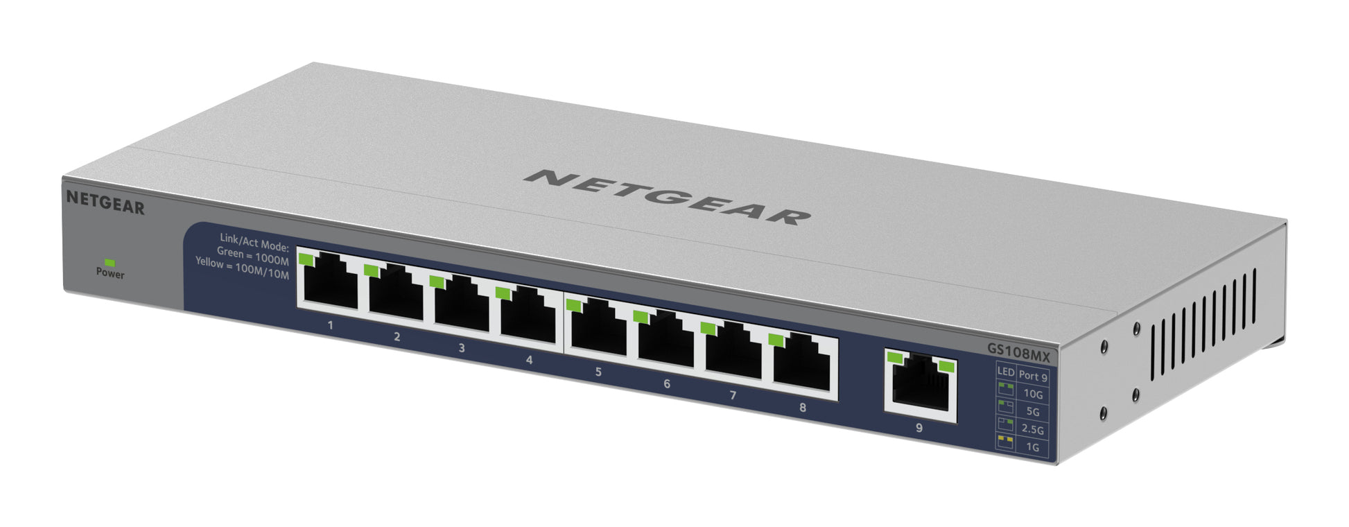 NETGEAR GS108MX-100EUS – Unmanaged L2 Switch – 8× 1G, 1× 10G, Desktop (Rack-Montage-Set)