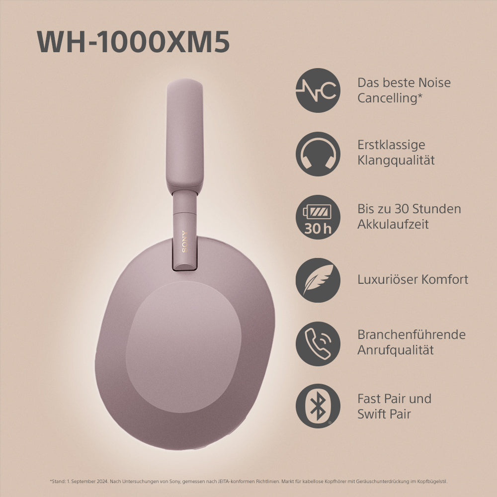 Sony WH-1000XM5 Over-Ear Kopfhörer – Stereo, Kabel + BT, ANC, Pink, BT 5.2