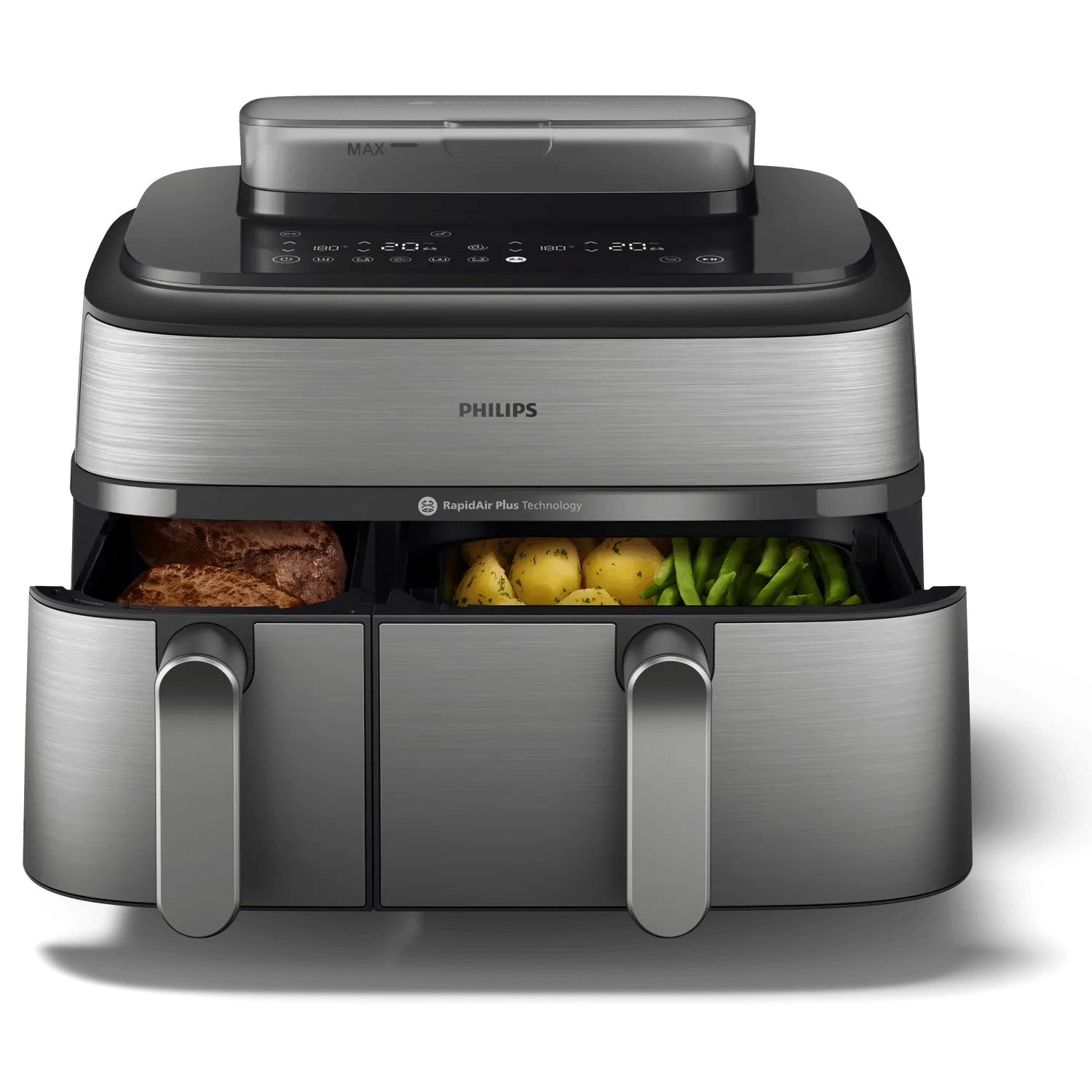 Philips Heissluftfritteuse NA555/00 – 9 l, Doppelkorb & Rapid Air, 2750 W – silber