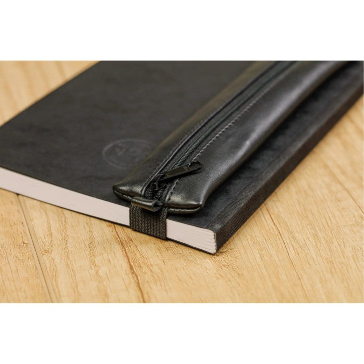 Clairefontaine Schlamperetui, leer, schwarz, Leder, 20 × 4,5 cm