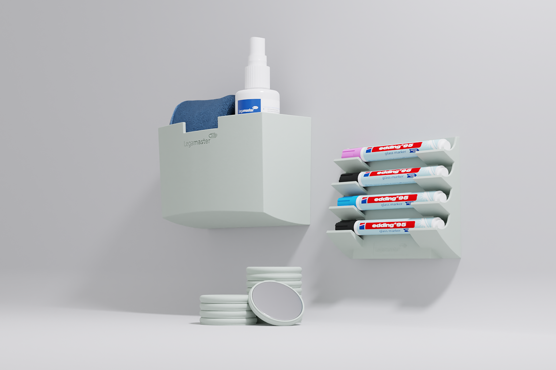 Legamaster Starter-Kit, inkl. Rundmagnete (Ø 30 × H 7 mm, Metall, Salbeigrün) – für Whiteboards – 5-teilig