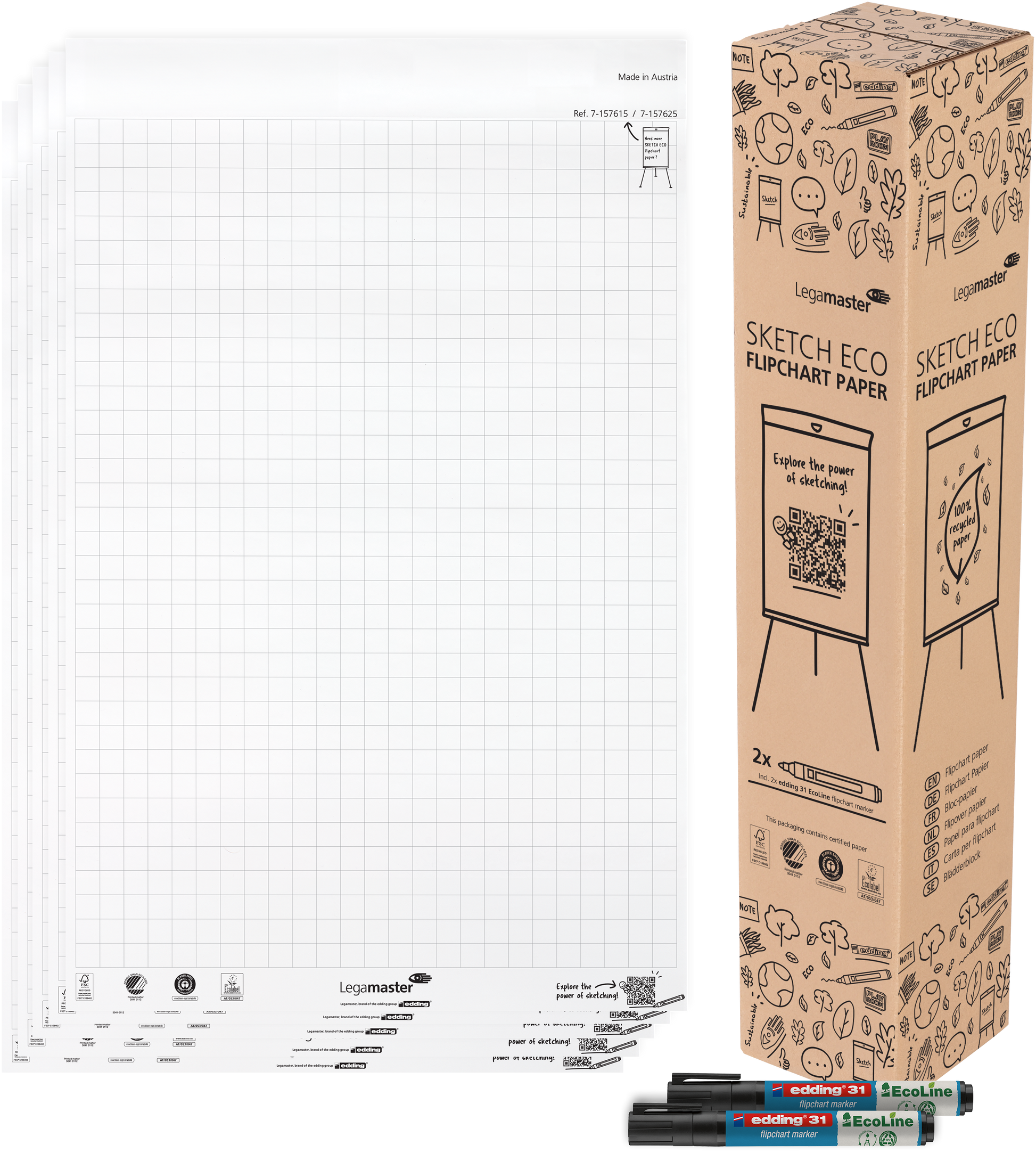Legamaster Flipchart-Block SKETCH ECO – 65 × 98 cm, 20 Blatt/Block, 5 Blöcke, kariert, weiss, Papier