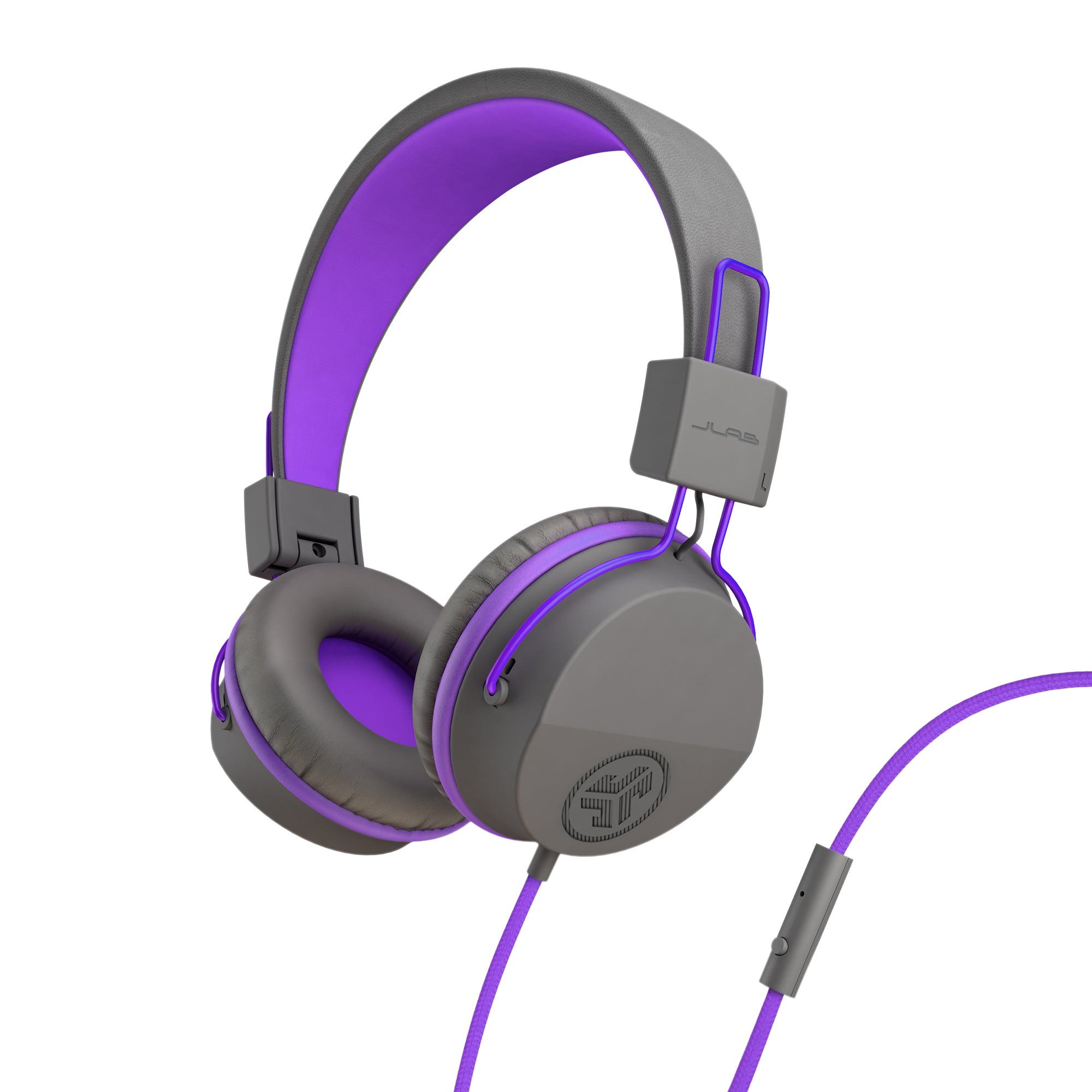 JLab Studio Kids Kinderkopfhörer – On-Ear, Kabelgebunden, 3,5 mm Klinke, 85 dB Lautstärke-Limit, Grau/Violett