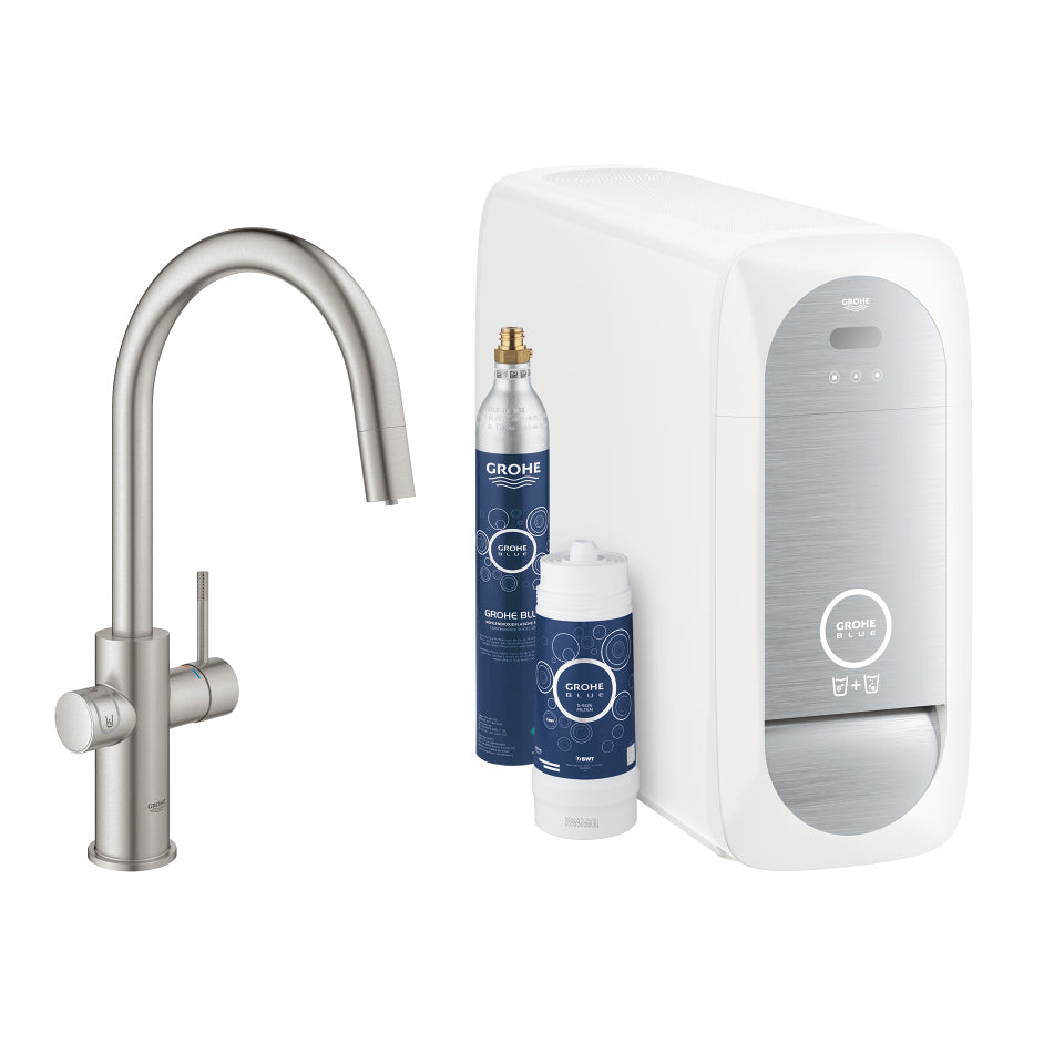 GROHE Einhebelmischer Blue Home C – Messing, 180 W, Silber, 360°-Sockel