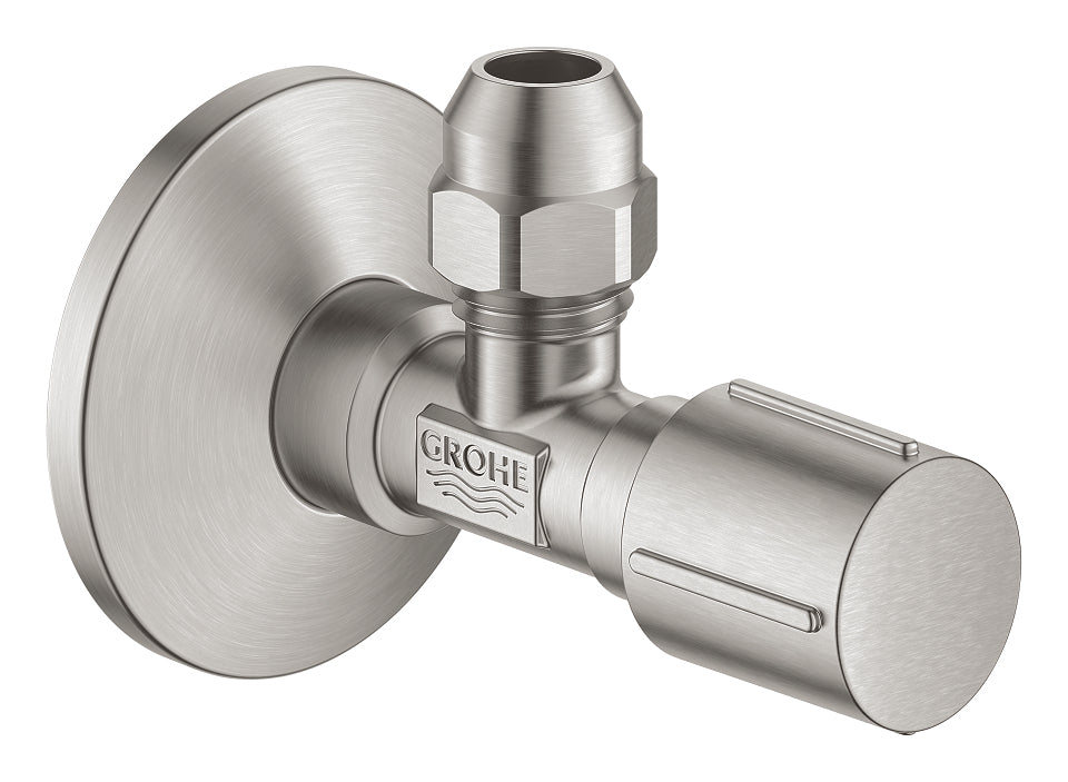 GROHE Eckventil – Ø 10 mm, Anschlüsse 1/2" & 3/8", Messing, Edelstahl-Optik, für Waschmaschine