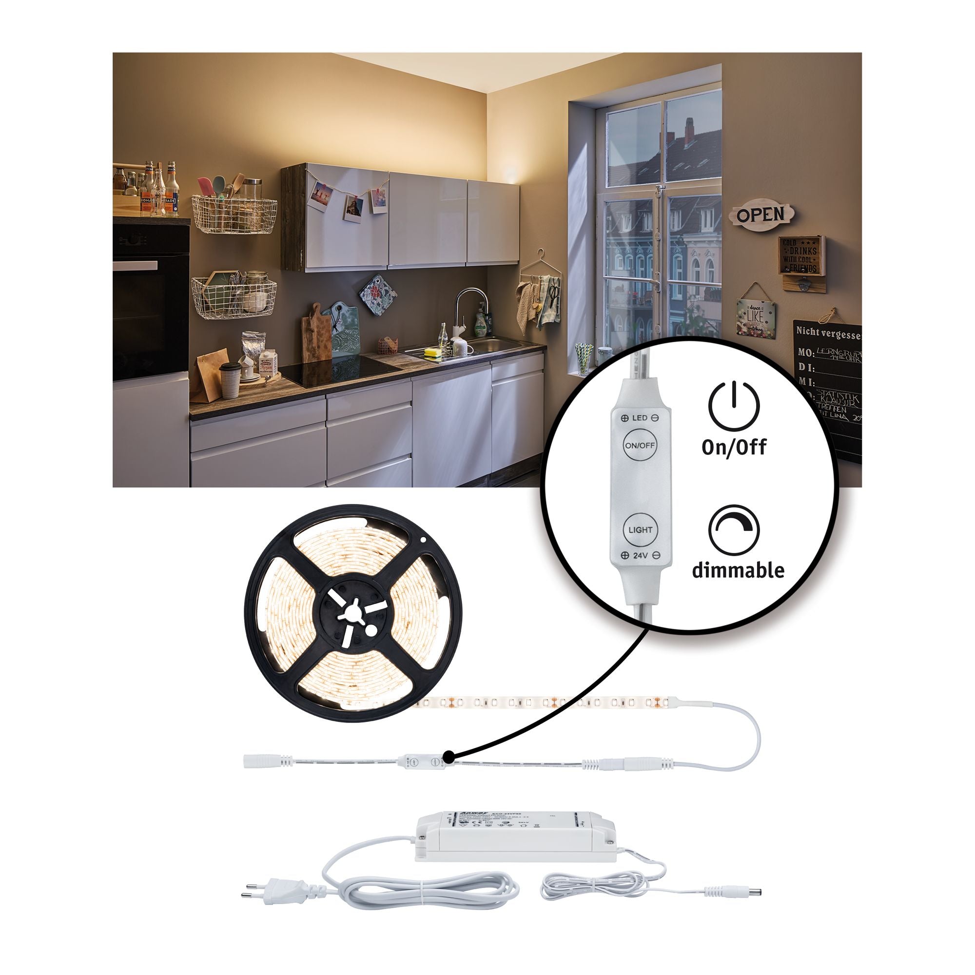Paulmann LED-Strip – 3 m, 3300 lm, 33 W, 3000 K, dimmbar, weiss, inkl. Netzteil