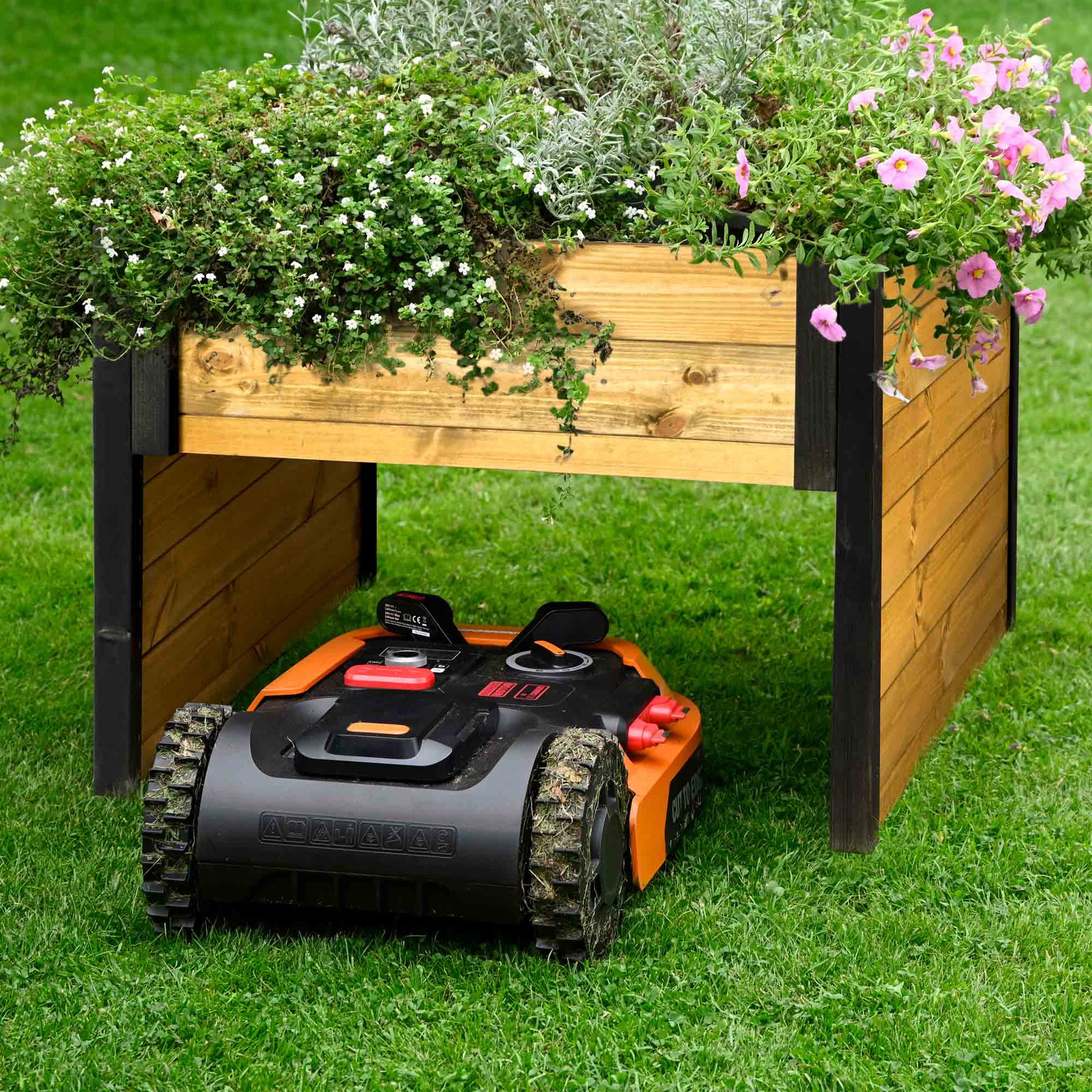 Dobar Mährobotergarage mit Pflanzkasten – 790 × 730 × 560 mm, Holz, Schwarz