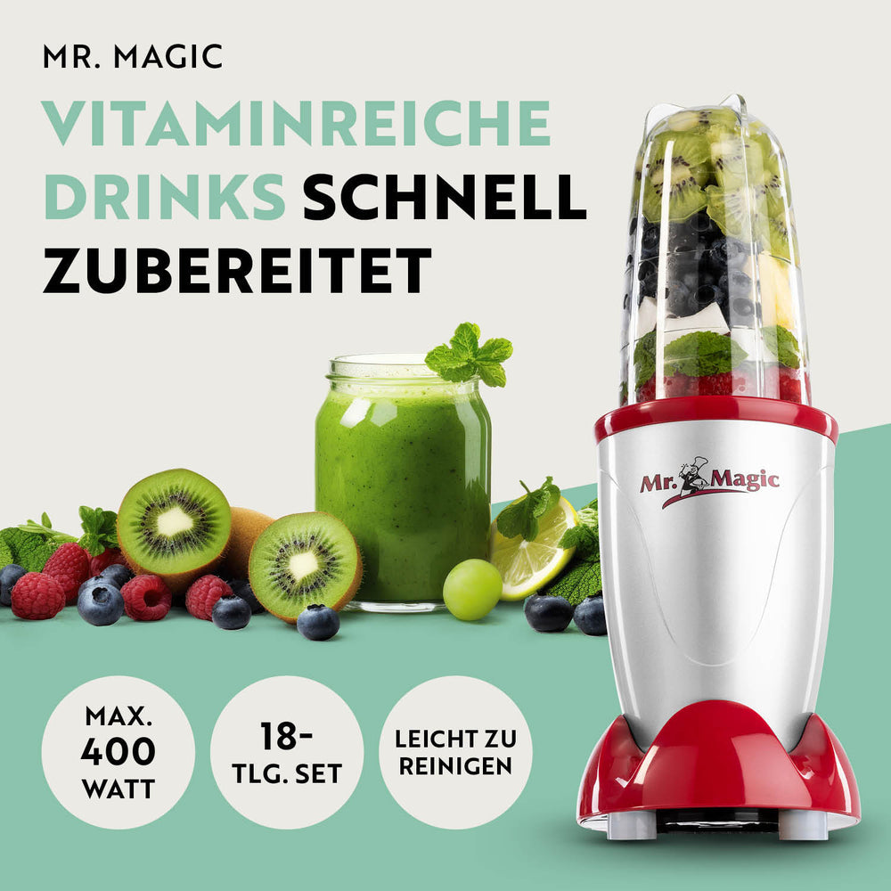 Gourmetmaxx Smoothie-Mixer Mr. Magic – 0,75 l, 400 W, spülmaschinenfest – rot/silber