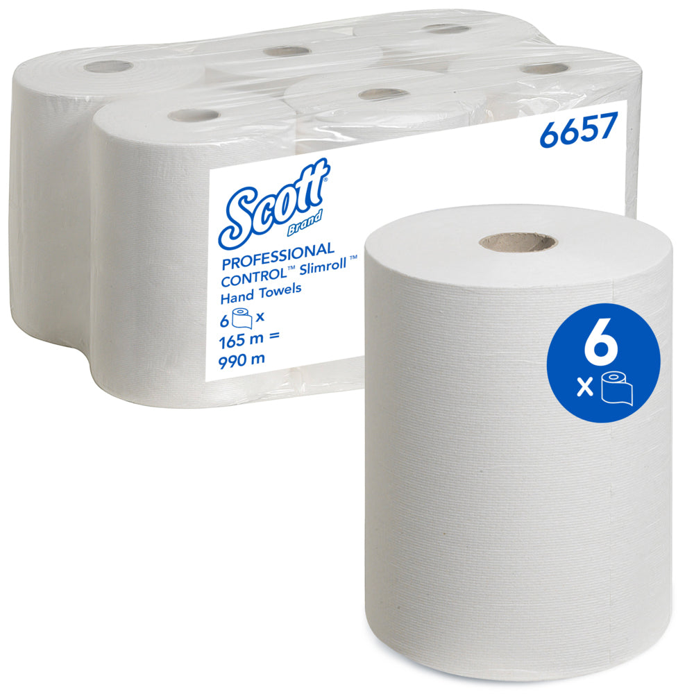 SCOTT Handtuchrolle – 1-lagig, Weiss – 60 mm × 165 m – für Slimroll Spender – Pack 6 Rollen – EU Ecolabel