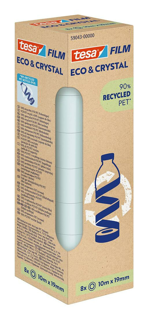 TESA Klebeband Eco & Crystal – Permanent, PET, 19 mm × 10 m, Transparent, 8 Rollen