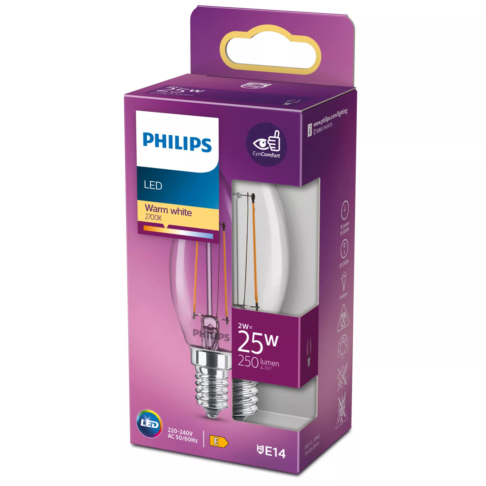 Philips by Signify Philips LED-Leuchtmittel E14 B35 – 250 lm, 2 W, Warmweiss 2700 K – 1 Stk., Klar