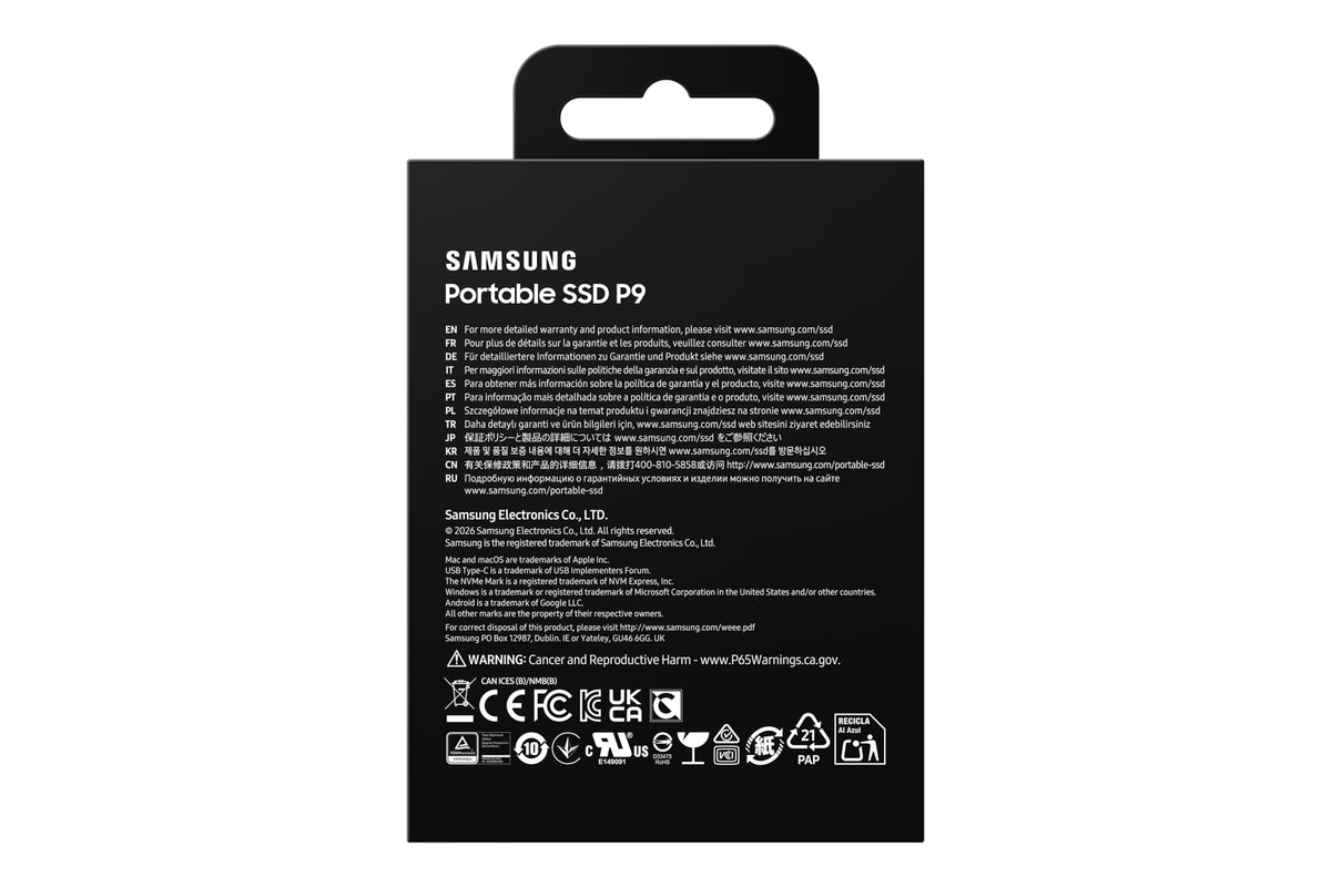 Samsung P9 2 TB Portable SSD – USB4 Gen 3x2, USB Typ-C, 4 000 MB/s lesen, 3 800 MB/s schreiben, Schwarz