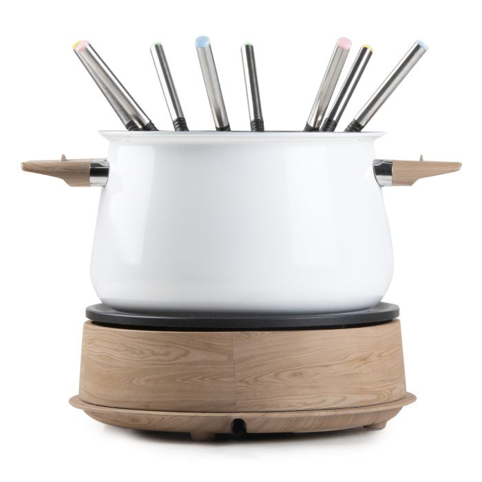 Domo Fondue-Set DO736F – Edelstahl, 2 l, 8 Gabeln, elektrisch – weiss/Holz