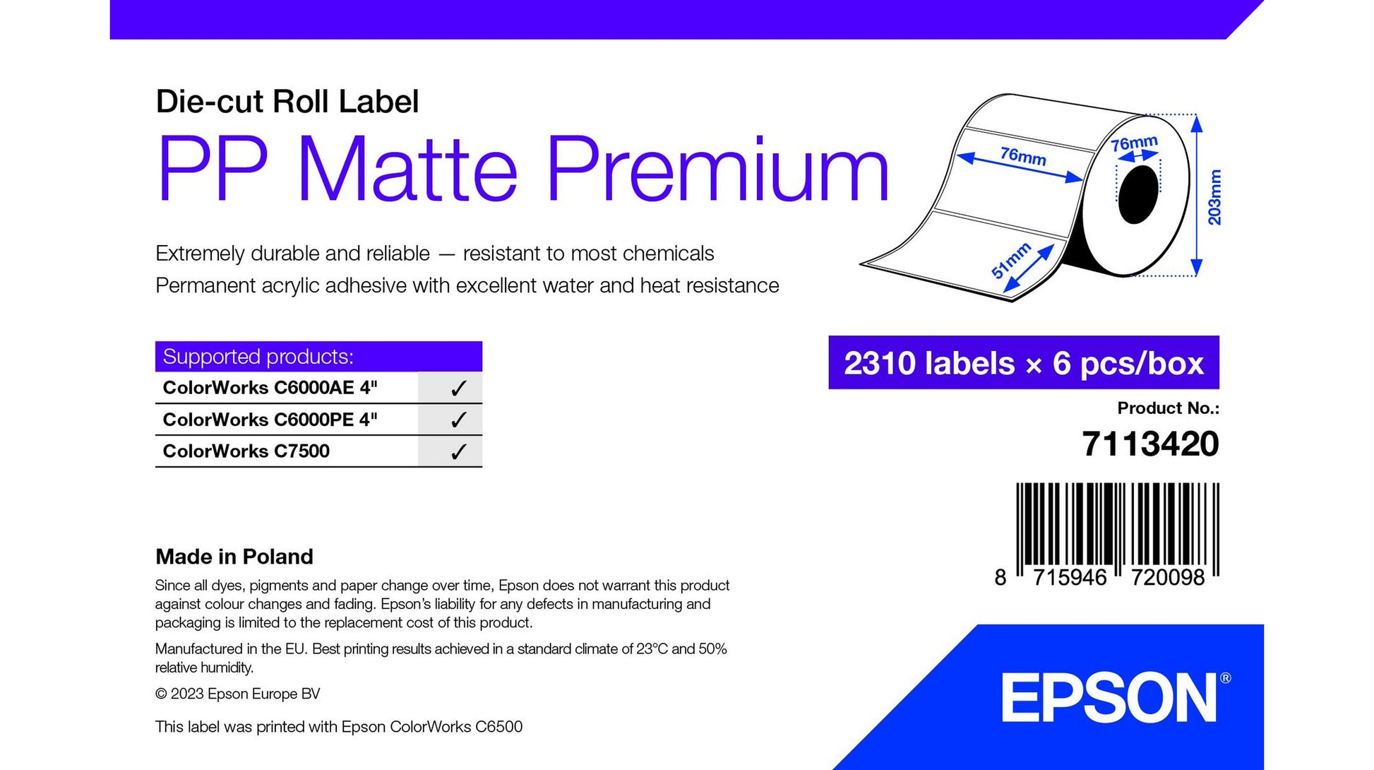 Epson Druckeretiketten, 76 mm × 51 mm, Polypropylen (matt), 2310 Etiketten