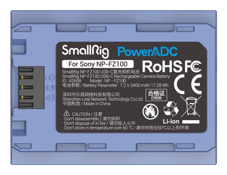 SmallRig NP-FZ100 Akku – 2400 mAh Li-Po, 7,2 V – für Sony α6600, α9 II, α7 III u. a. – Blau