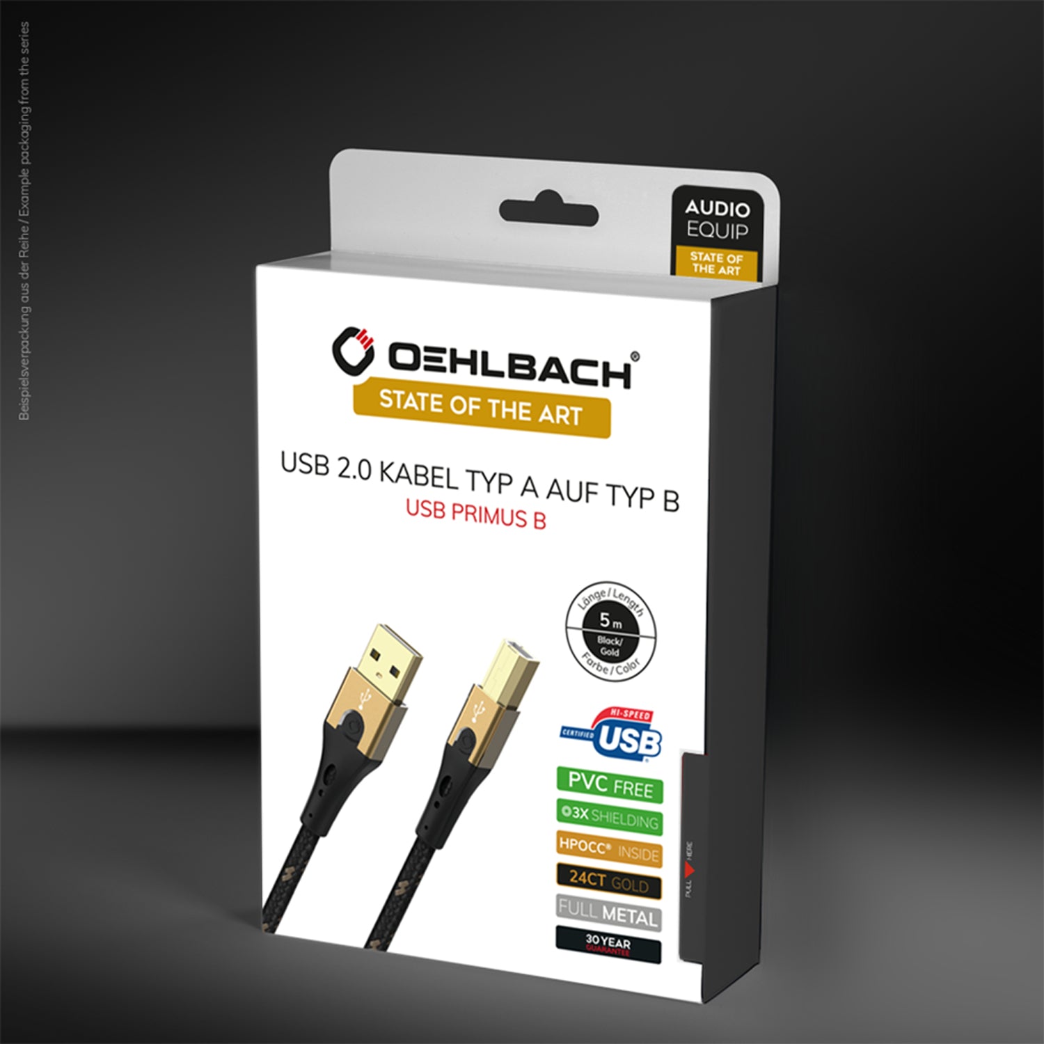 OEHLBACH USB-A auf USB-B Kabel – USB 2.0 (480 Mbit/s) – 1 m – Textilmantel, Goldstecker – Schwarz/Gold