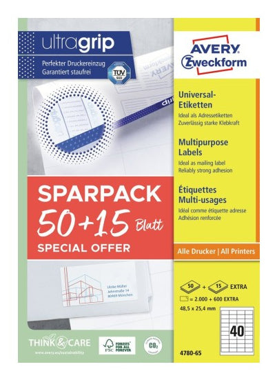 Avery 4780-65 – Etiketten A4 49 × 25 mm – weiss – permanent haftend – Laser/Inkjet – 40 pro Blatt, 65 Blätter