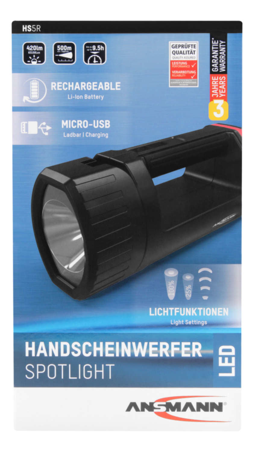 Ansmann Taschenlampe HS5R – 420 lm, 500 m, IP20, USB, 2600 mAh Akku, 3 Modi – Schwarz