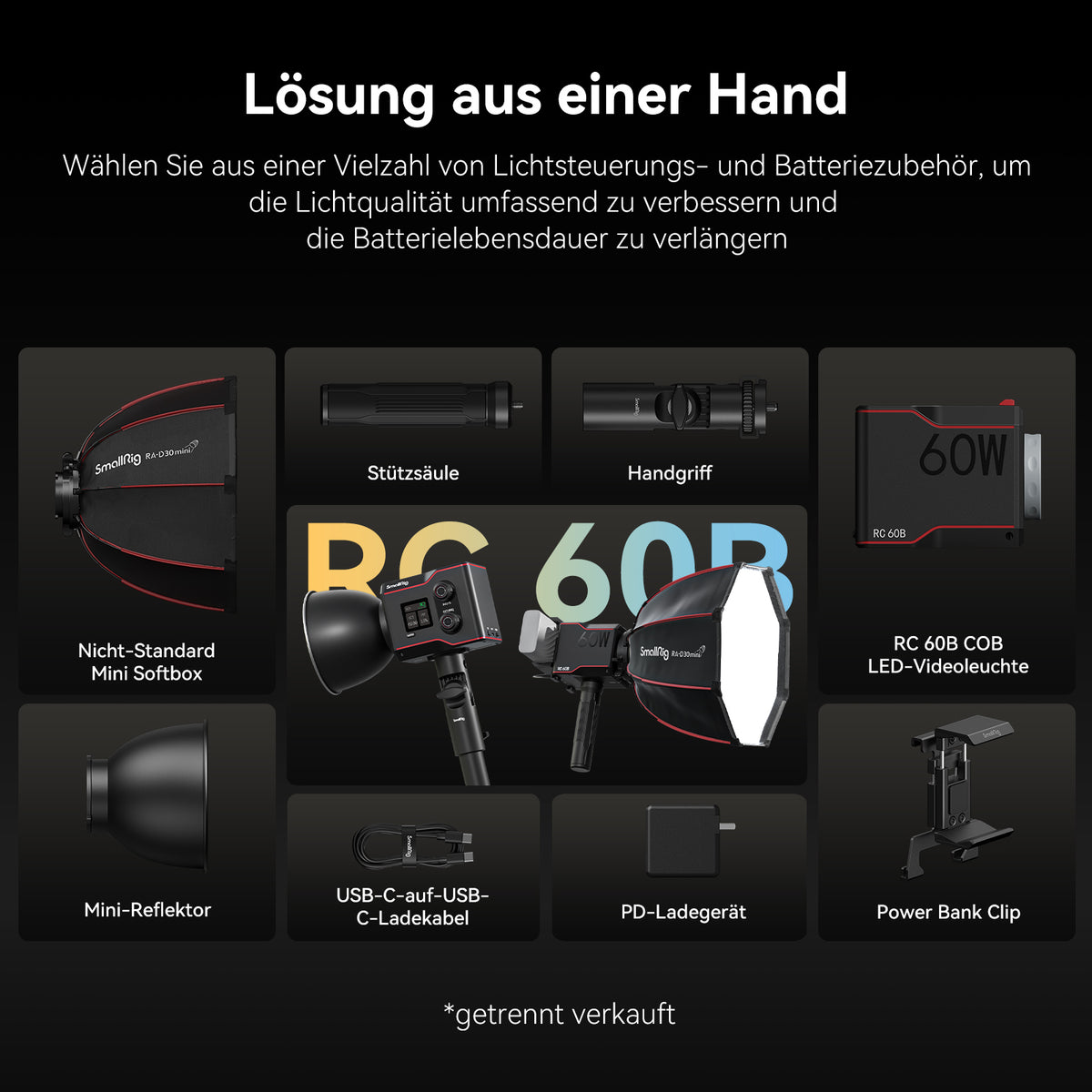 SmallRig R60B COB-LED-Video-Licht – 63 W, 2700–6500 K, CRI 97 – Akku, Schwarz