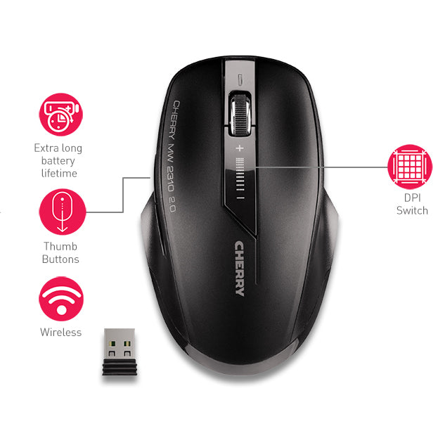 CHERRY MW 2310 2.0 Maus – kabellos, 2,4 GHz (USB-A), 2'400 dpi, 6 Tasten, beidhändig, schwarz