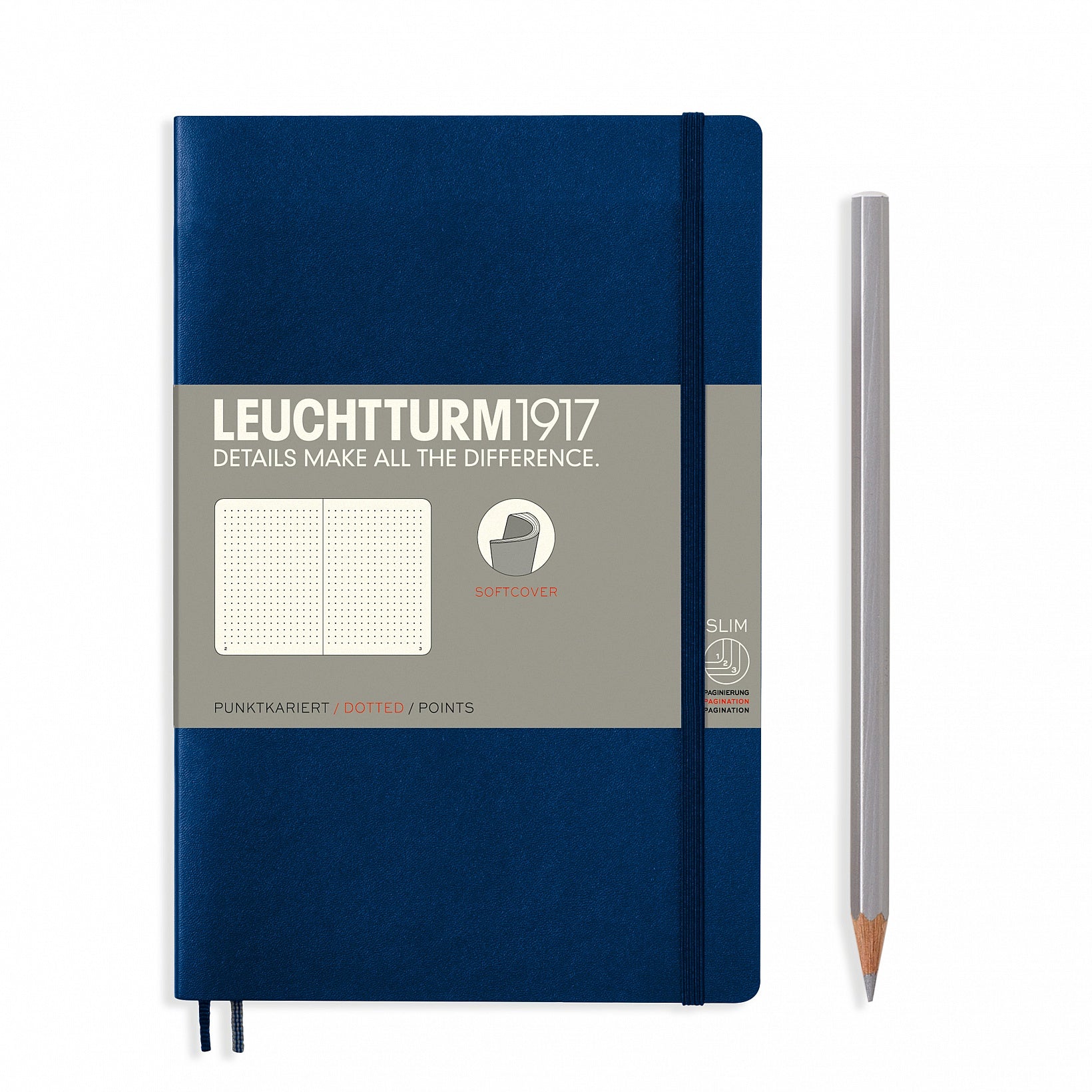 Leuchtturm Notizbuch – B6 – 123 Seiten – 80 g/m² – Softcover, Gummiband, Einstecktasche – Marineblau