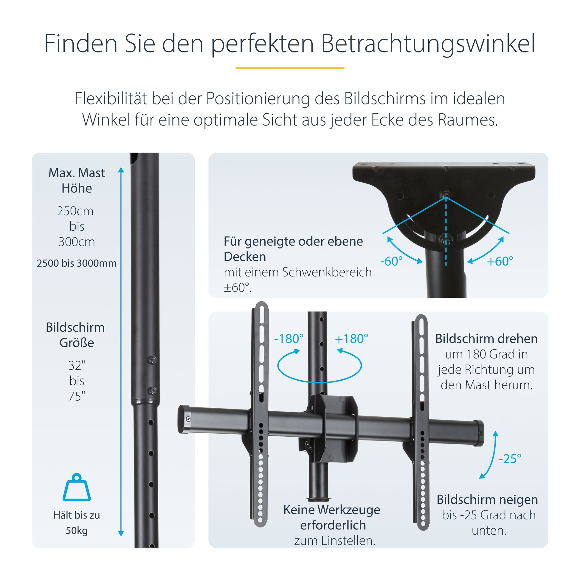StarTech.com Deckenhalterung – Back-to-Back – 32–75" – VESA 200×200–600×400 – bis 50 kg, Teleskopmast