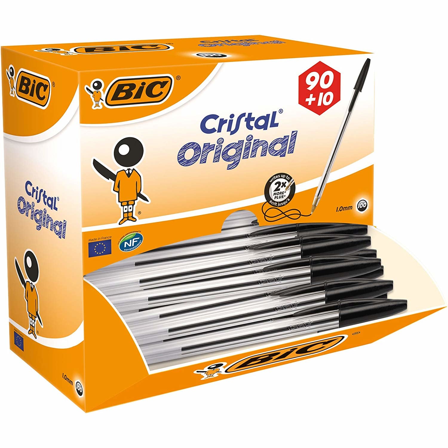 BIC Cristal Original Kugelschreiber – 100er Pack, Schwarz, Spitze 1,0 mm, Deckel