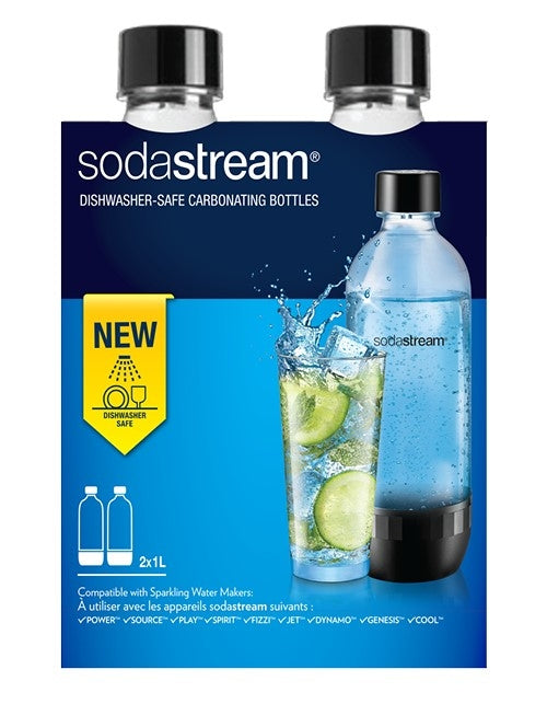 SodaStream Karbonisiererflasche – 1 l, für Power, Source, Play (z. B. Spirit, Jet, Dynamo), 2 Stk., PET, Schwarz