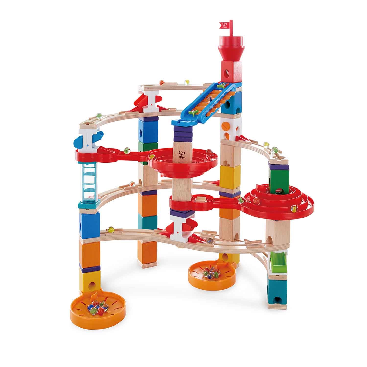 Hape QUADRILLA Super Spiralburg Murmelbahn – 129-teilig – ab 4 Jahren – Kunststoff, Glas, Holz – mehrfarbig