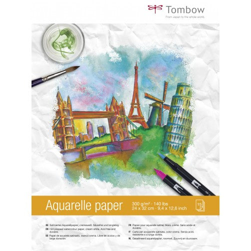 Tombow Aquarellblock – 24 × 33 cm – 300 g/m² – 15 Blatt, Weiss, für Aquarell