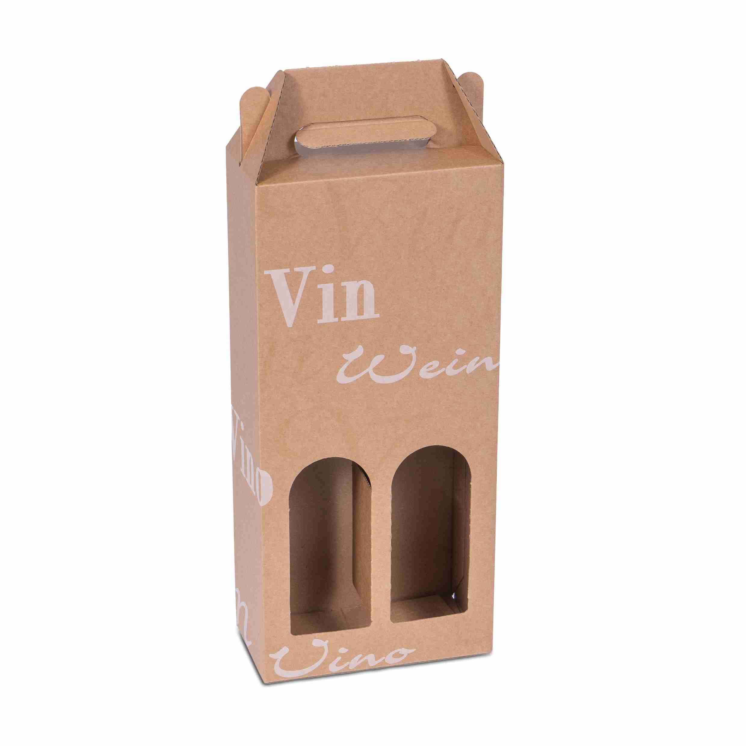 Model Weinpräsentkarton braun – Innenmass 166 × 362 × 82 mm – Automatikboden, Sichtfenster, Trageöffnung – für – 1 Stk., ab 20 Stk.