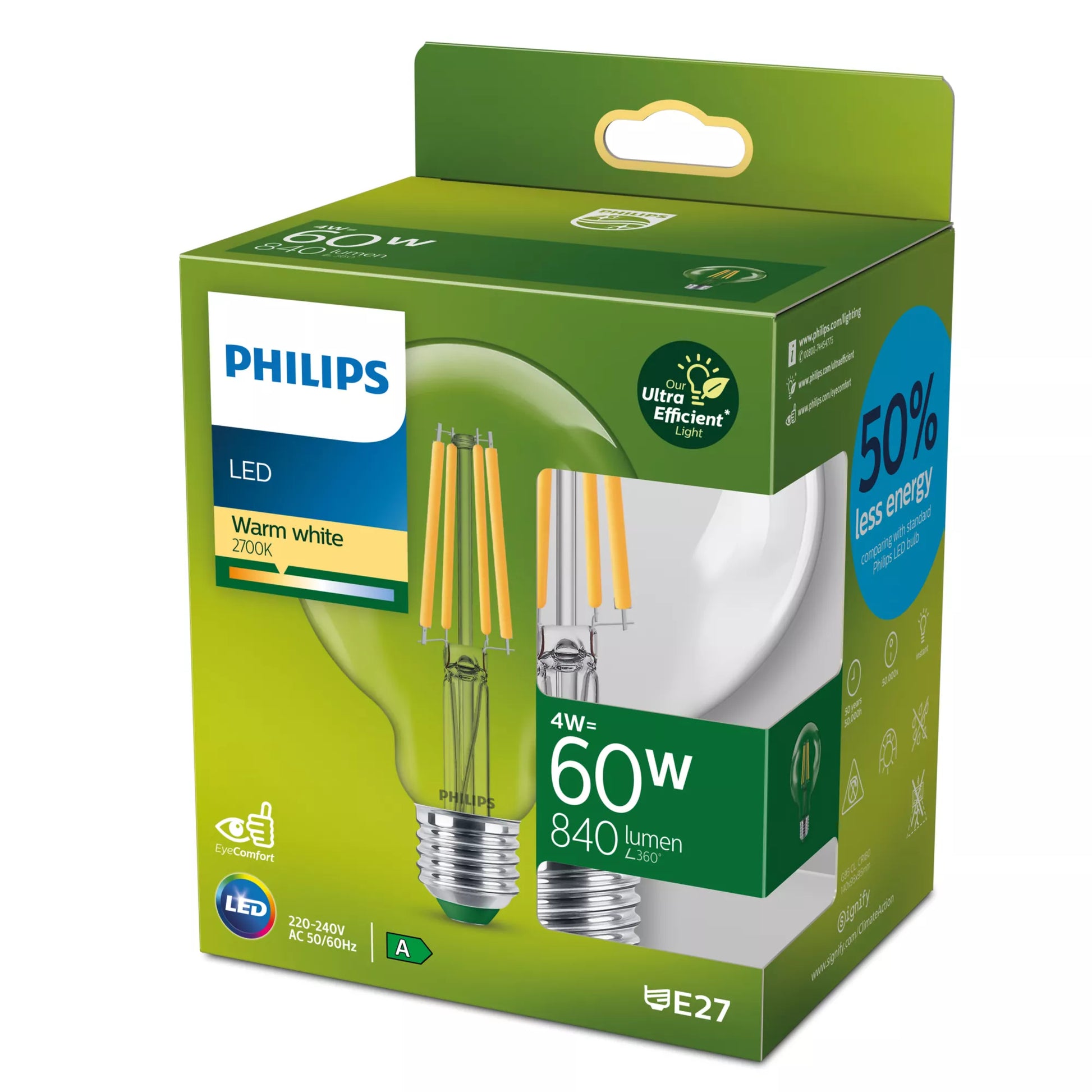 Philips by Signify Philips LED-Leuchtmittel E27 Globus (G95) – 840 lm, 4 W, Warmweiss 2700 K – Transparent, Glas – 1 Stk.