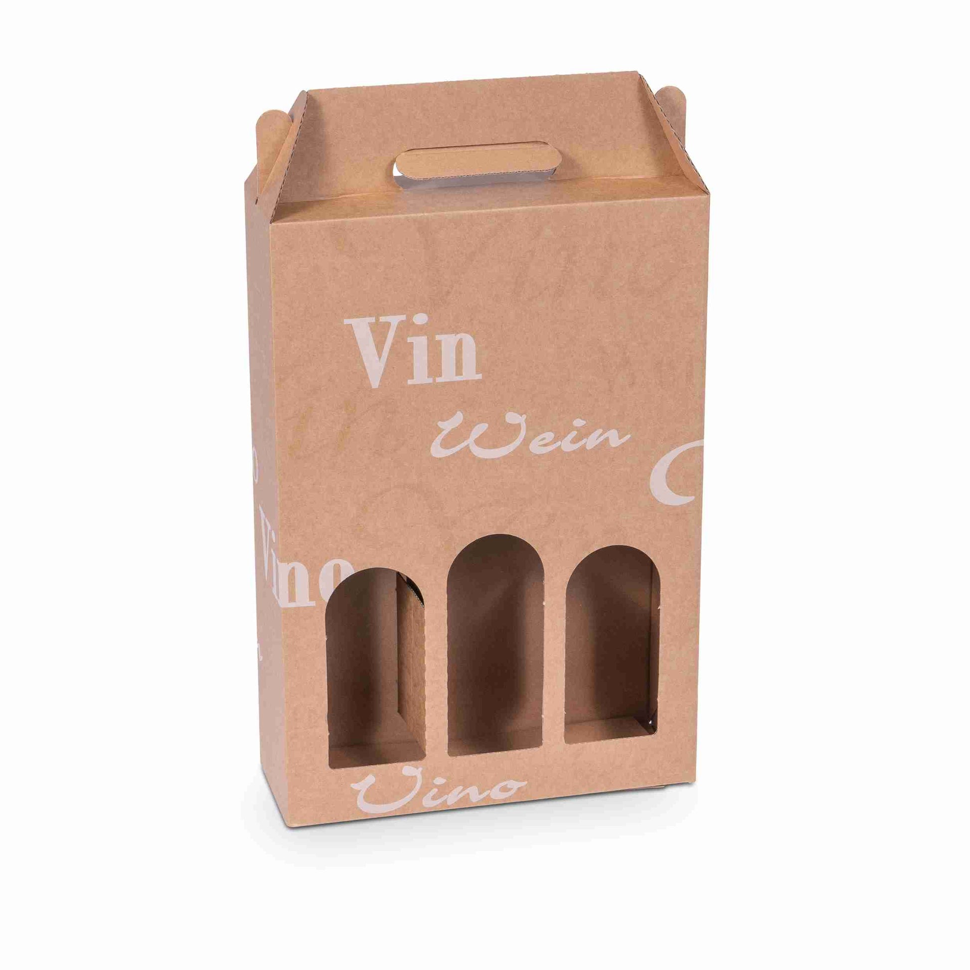 Model Weinpräsentkarton Scripto braun – Innenmass 248 × 362 × 82 mm – für 3 × 0,75 l Flaschen – 1 Stk., ab 150 Stk.