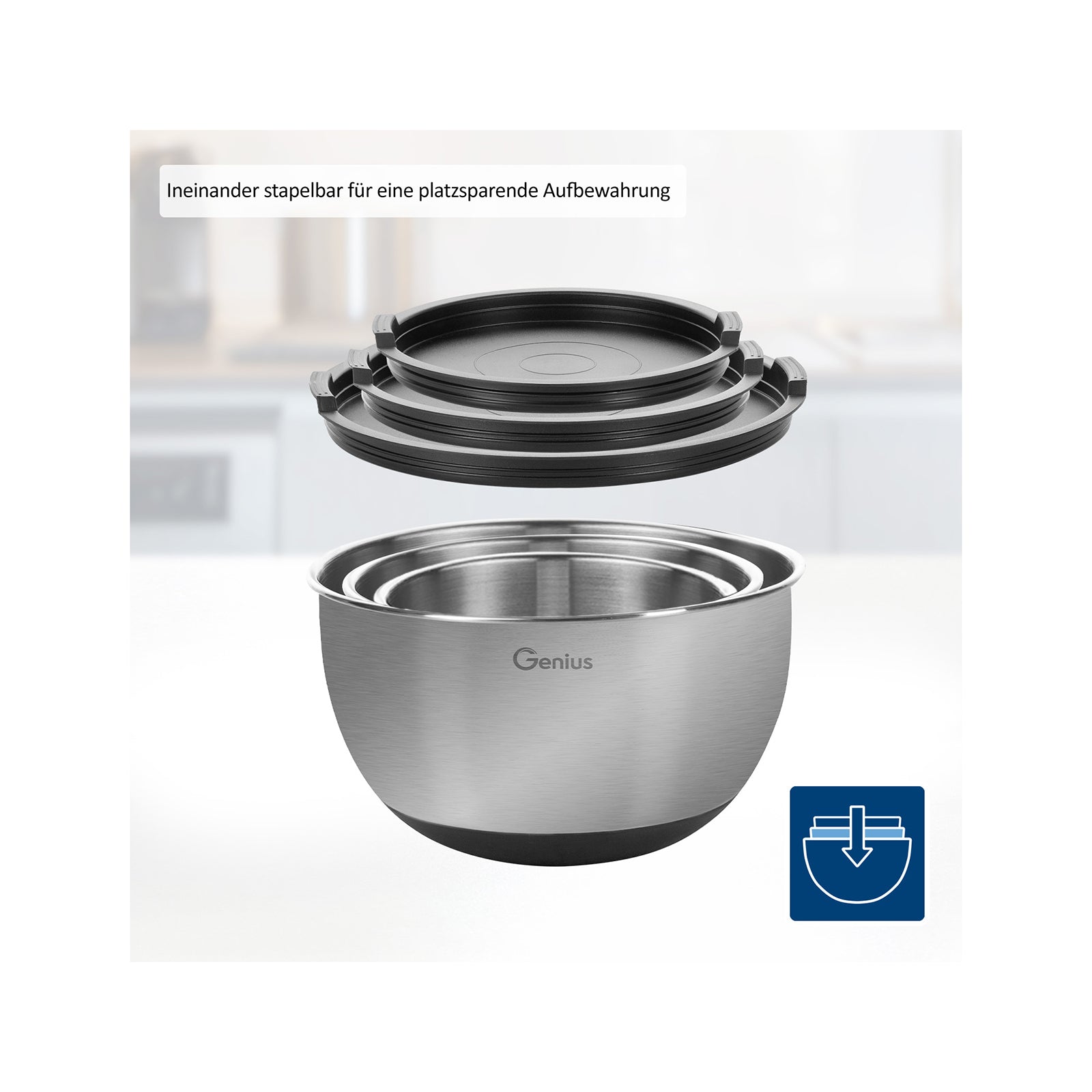 Genius Schüsseln – 3er Set, 1,6 l/2,2 l/3,7 l, Ø 16/18/22 cm, Edelstahl, Schwarz, mit Deckel
