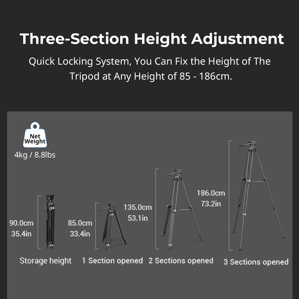 SmallRig AD-01 Dreibeinstativ – Fluid-Kopf – bis 186 cm – 8 kg