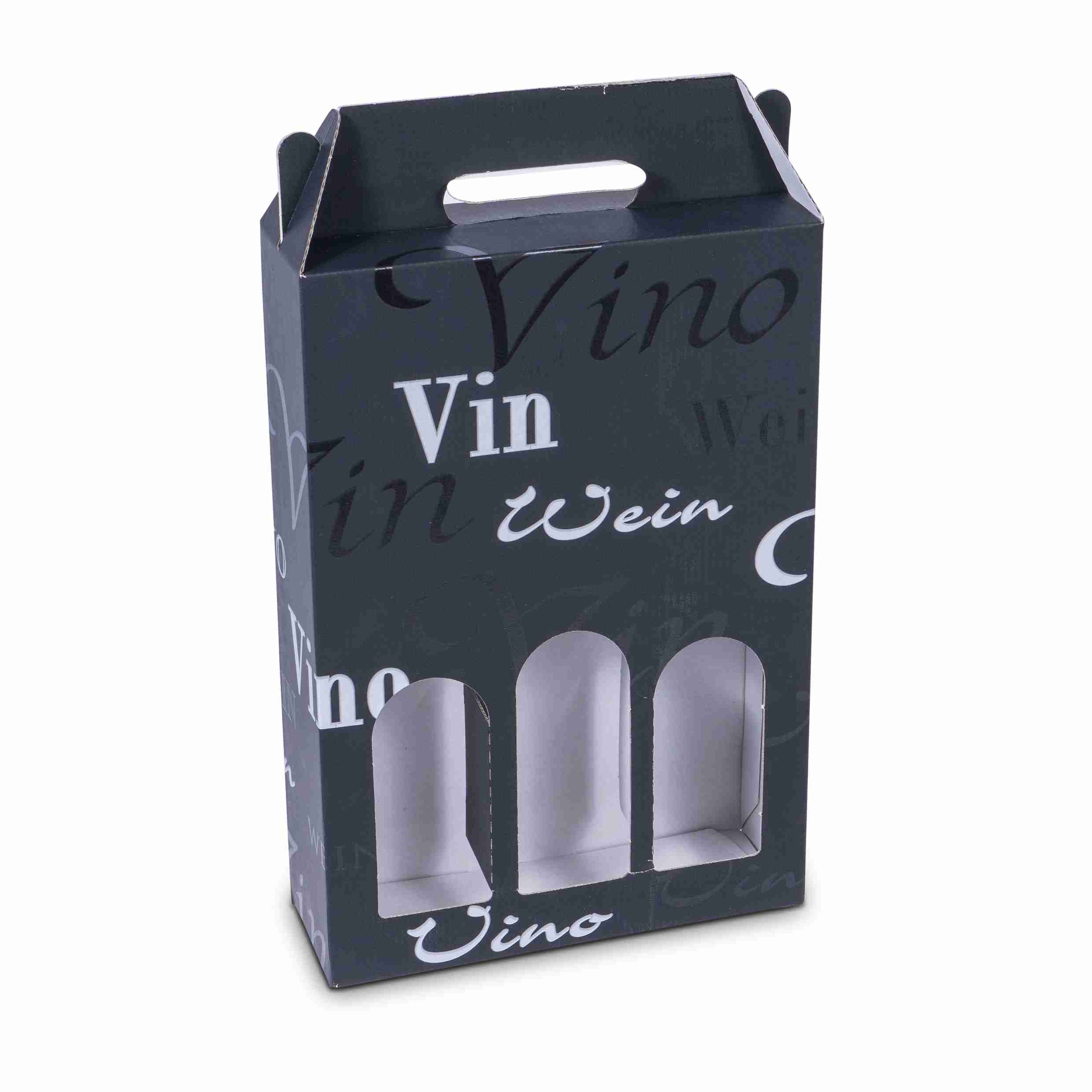 Model Weinpräsentkarton Scripto, schwarz – Innenmass 248 × 362 × 82 mm – für 3 × 0,75 l Flaschen – 1 Stück